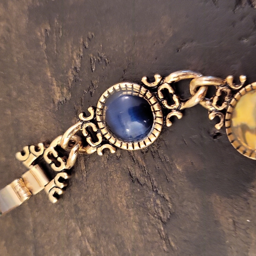 Vintage Ornate (Intricate) Faux Tigers Eye, Abalone Gold Link Bracelet - Picture 11 of 13